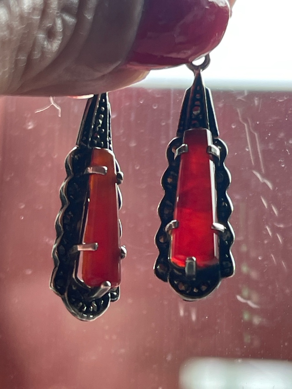 Carnelian Agate and Marcasite 1.5” dangle earrings stamped CW (Charles Winston?) - Picture 2 of 10